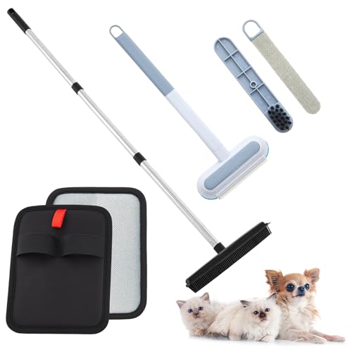 Threehoney 3 Arten Tierhaarentfernungswerkzeug-Set, Handschuh und Teppichrechen mit verstellbarem Griff, 3 in 1 Fusselentfernung, wiederverwendbarer Katzen- und Hundehaarentferner für Couch, Möbel von Threehoney