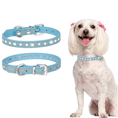 TiaoBug Luxuriöses Hundehalsband mit Strasssteinen und Kristallglanz für kleine Hunde verstellbares weiches Welpenhalsband Hellblau S von TiaoBug