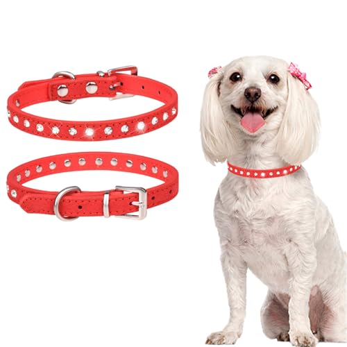 TiaoBug Luxuriöses Hundehalsband mit Strasssteinen und Kristallglanz für kleine Hunde verstellbares weiches Welpenhalsband Rot S von TiaoBug