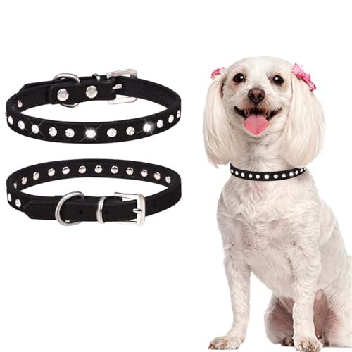 TiaoBug Luxuriöses Hundehalsband mit Strasssteinen und Kristallglanz für kleine Hunde verstellbares weiches Welpenhalsband Schwarz XS von TiaoBug