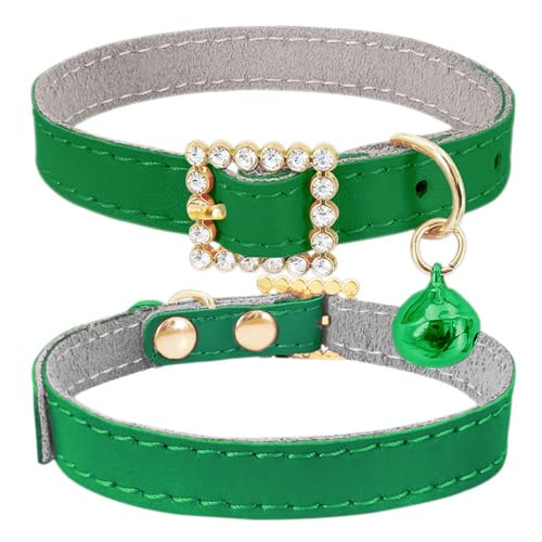 TiaoBug Verstellbares Leder-Halsband für Katzen mit Glocke Weiches Halsband für kleine Kätzchen Outdoor Katzenhalsband Grün S von TiaoBug