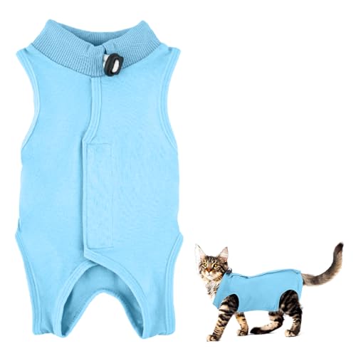 Tibapla Katzen Genesungsanzug, Nach Op Einteiler für Kätzchen, Atmungsaktiver Genesungsanzug für Katzen und Hunde, Anti-Lecken E-Halsband Alternative Einteiler für Bauchwunden (Blau, M) von Tibapla