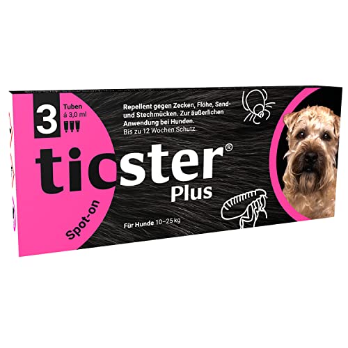 TICSTER Plus Spot-on für Hunde von 10 - 25 kg, Floh und Zeckenmittel (Lösung zum Auftropfen, auch gegen Sand- & Stechmücken, Zeckenschutz bis zu 4 Wochen, Insektenschutz für Hunde, Inhalt: 3x 3,0ml) von TICSTER