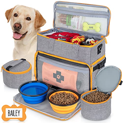 Hunde-Reisetasche, von Fluggesellschaften zugelassen, Reise-Set für Hunde und Katzen, 2 Futterbehältern und faltbaren Schüsseln, Wochenend-Auswärts-Hundetasche für Reisezubehör (Grau) von Tidify