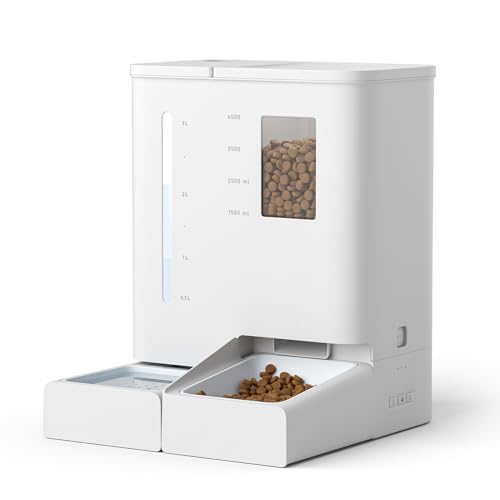 Tieker Automatischer Futterspender und Tränker 2 in 1 Set für Haustiere 5L Automatischer Tierfutterspender mit 4L Wassertank Anpassbarer Fütterungsplan, Portionskontrolle, Duale Stromversorgung, Weiß von Tieker