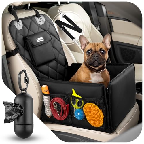 TIERBOX Deluxe Hunde-Autositz Set – inkl. Sicherheitsgurt, Leinenclip, 20 Kotbeutel + Spender – Ideal für kleine & mittelgroße Hunde – Komfortable Transportbox, Auto-Zubehör (Schwarz) von Tierbox