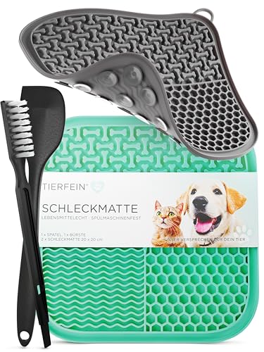 TIERFEIN – Schleckmatte Hund mit Saugnäpfen (2er Set, 20x20 cm) – Schleckmatte Katze zur Beruhigung & Förderung von langsamen Fressen – Leckmatte Hund inkl. Spatel & Bürste, BPA-frei von Tierfein