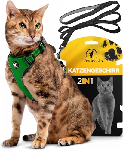 Katzengeschirr Set mit Leine für kontrollierte Freiheit - Komfortabel, Einstellbar & Robust - Geschirr für aktive Katzen (Grün, Größe S) von Tierhood