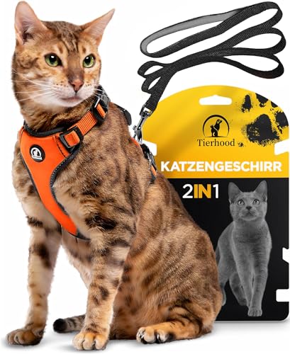 Katzengeschirr Set mit Leine für kontrollierte Freiheit - Komfortabel, Einstellbar & Robust - Geschirr für aktive Katzen (Orange, Größe M) von Tierhood