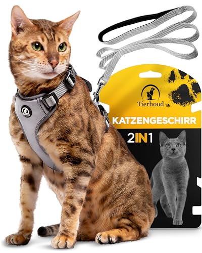 Katzengeschirr Set mit Leine für kontrollierte Freiheit - Komfortabel, Einstellbar & Robust - Geschirr für aktive Katzen (Grau, Größe M) von Tierhood