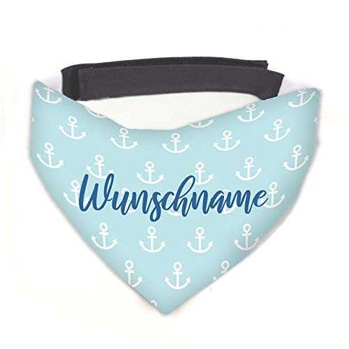 Hundehalstuch Anker blau / weiß personalisiert inklusive Wunschname mit 12 cm Klettverschluss für kleine, mittlere und große Hunde, Hunde-Halstuch / Dreieckstuch (M Halsumfang 38-45 cm) von Tierisch-tolle Geschenke