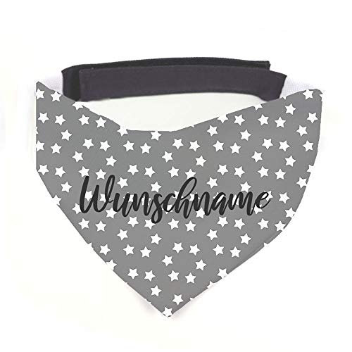 Hundehalstuch mit Namen Vintage Sterne grau personalisiert inklusive Wunschname z.B. Name Ihres Hundes mit 12 cm Klettverschluss für kleine, mittlere und große Hunde (M = Halsumfang: 38-45 cm) von Tierisch-tolle Geschenke