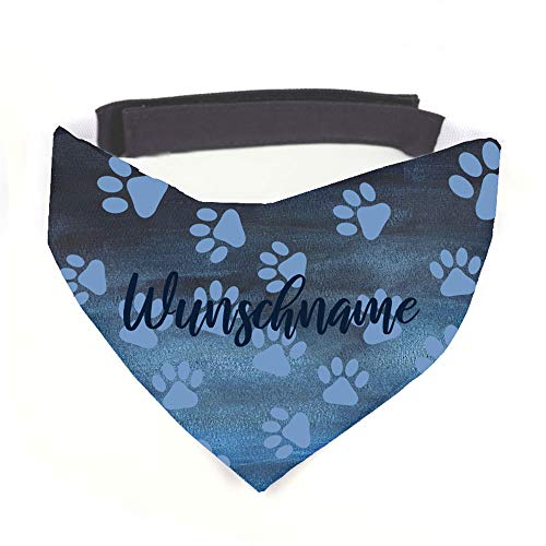 Tierisch-tolle Geschenke Hundehalstuch mit Namen Vintage Pfötchen blau personalisiert inklusive Wunschname mit 12 cm Klettverschluss für kleine, mittlere und große Hunde (L) von Tierisch-tolle Geschenke