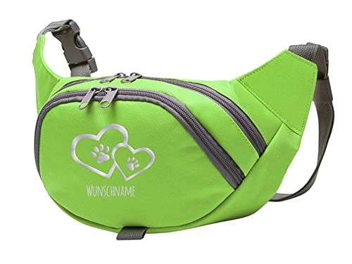 Tierisch-tolle Geschenke Hundesport Bauchtasche Leckerlie-Tasche mit 2 Herzen, 2 Pfoten und Wunschnamen personalisiert | Hundetraining | Leckerlie Beutel (Grün/Silber) von Tierisch-tolle Geschenke