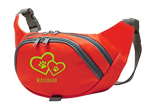 Tierisch-tolle Geschenke Hundesport Bauchtasche Leckerlie-Tasche mit 2 Herzen, 2 Pfoten und Wunschnamen personalisiert | Hundetraining | Leckerlie Beutel (Rot/Apfelgrün) von Tierisch-tolle Geschenke