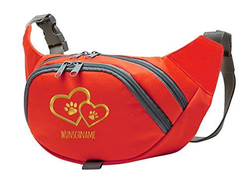 Tierisch-tolle Geschenke Hundesport Bauchtasche Leckerlie-Tasche mit 2 Herzen, 2 Pfoten und Wunschnamen personalisiert | Hundetraining | Leckerlie Beutel (Rot/Gold) von Tierisch-tolle Geschenke