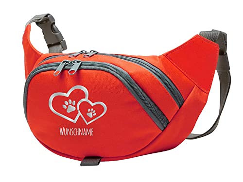 Tierisch-tolle Geschenke Hundesport Bauchtasche Leckerlie-Tasche mit 2 Herzen, 2 Pfoten und Wunschnamen personalisiert | Hundetraining | Leckerlie Beutel (Rot/Silber) von Tierisch-tolle Geschenke