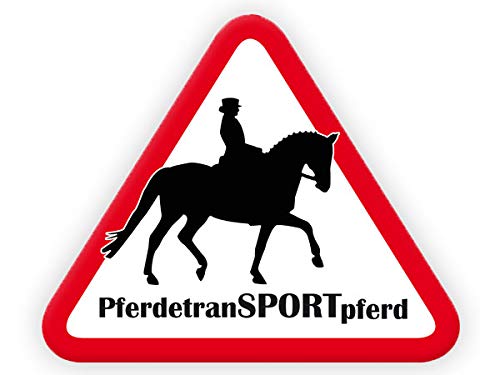 Tierisch werben PferdetranSPORTpferd (30x25 cm) Schild o. Aufkleber für Pferdeanhänger in konturgeschnittener Dreiecksform Motiv: Dessur (Aufkleber) von Tierisch werben