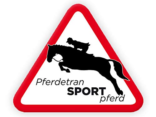 Tierisch werben PferdetranSPORTpferd (30x25 cm) Schild o. Aufkleber für Pferdeanhänger in konturgeschnittener Dreiecksform Motiv: Springreiter (Aufkleber) von Tierisch werben