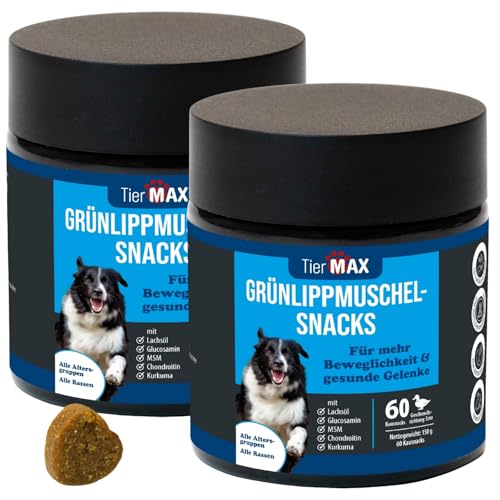 Tiermax Grünlippmuschel Snacks (2 x 60 Stück) – hochwertige Gelenkunterstützung für Hunde mit Grünlippmuschel, MSM, Glucosamin und Kurkuma – für alle Größen und Rassen ab 12 Wochen von Tiermax