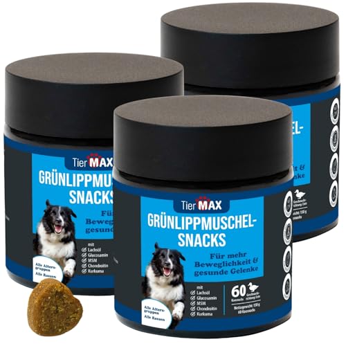 Tiermax Grünlippmuschel Snacks (3 x 60 Stück) – hochwertige Gelenkunterstützung für Hunde mit Grünlippmuschel, MSM, Glucosamin und Kurkuma – für alle Größen und Rassen ab 12 Wochen von Tiermax