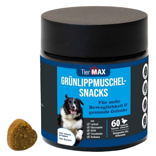 Tiermax Grünlippmuschel Snacks (60 Stück) – hochwertige Gelenkunterstützung für Hunde mit Grünlippmuschel, MSM, Glucosamin und Kurkuma – für alle Größen und Rassen ab 12 Wochen von Tiermax