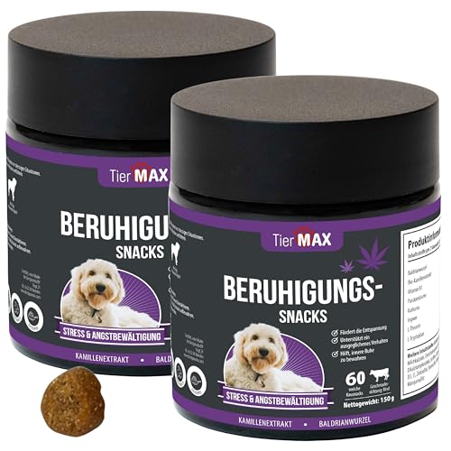 Tiermax Hunde Beruhigung Snacks (2 x 60 Stück) – Natürliche Entspannung & Stressbewältigung – Baldrian & Kamille – Premium Qualität Hunde Snack mit Rind-Geschmack von Tiermax