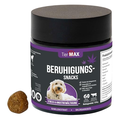 Tiermax Hunde Beruhigung Snacks (60 Stück) – Natürliche Entspannung & Stressbewältigung – Baldrian & Kamille – Premium Qualität Hunde Snack mit Rind-Geschmack von Tiermax