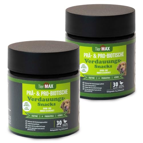 Tiermax Prä & Probiotische Verdauungs Hunde Leckerlis – (2 x 30 weiche Hundeleckerlies) – Verdauung & Darmflora – Premium Qualität & Natürlich – Hunde Probiotika mit hoher Wirksamkeit von Tiermax