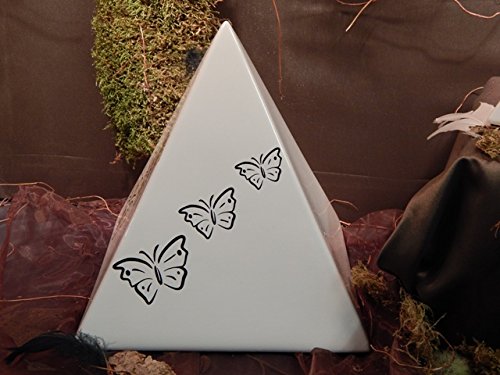 Tierurne für den Innenbereich - Pyramidenform, Keramik, Weiß glasiert, verziert mit schwarzen Schmetterlingen, Volumen: ca. 1,10 Ltr. von Tierurnen Petra Staadt