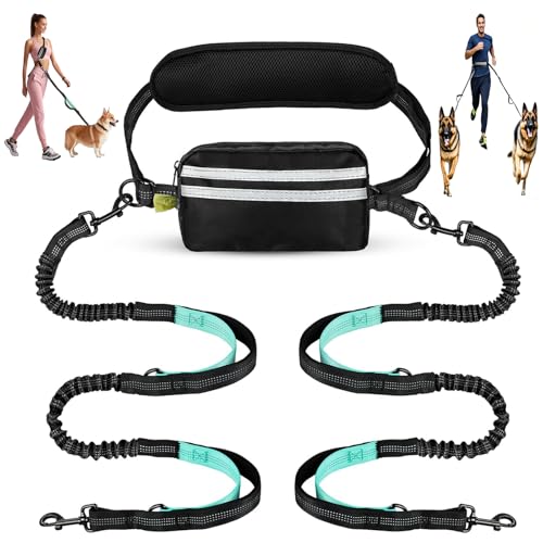 Tiesenci Doppelleine mit Tasche für mittelgroße und große Hunde, Crossbody- und Taillenleine für Spaziergänge mit dem Hund, Bungee mit gepolsterten Griffen, reflektierende Nähte, kein Ziehen, kein von Tiesenci
