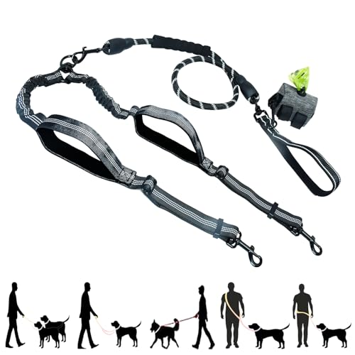 Tiesenci Doppelte Hundeleine – freihändige Hundeleine für Spaziergänge mit dem Hund, verhedderungsfreies Bungee und gepolsterte Griffe für mittelgroße und große Hunde, Schwarz von Tiesenci