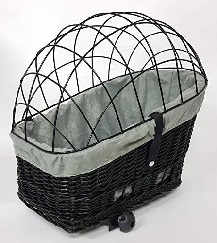 Tigana - Hundefahrradkorb für Gepäckträger aus Weide 56 x 36 cm Schwarz mit Metallgitter Tierkorb Hinterradkorb Hundekorb für Fahrrad (S-S) (XL + Kissen + Einlage G1) von Tigana