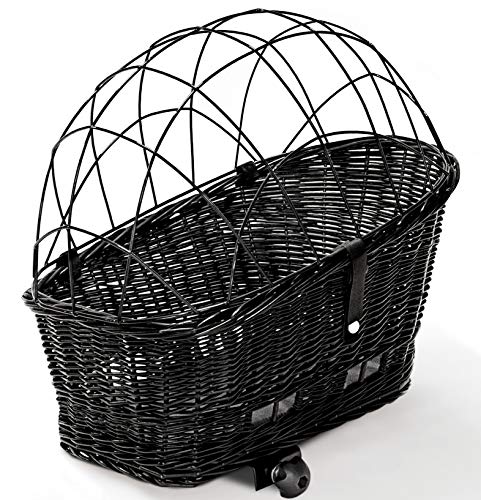 Tigana - Hundefahrradkorb für Gepäckträger aus Weide 56 x 36 cm Schwarz mit Metallgitter Tierkorb Hinterradkorb Hundekorb für Fahrrad (S-S) (XL ohne Kissen) von Tigana