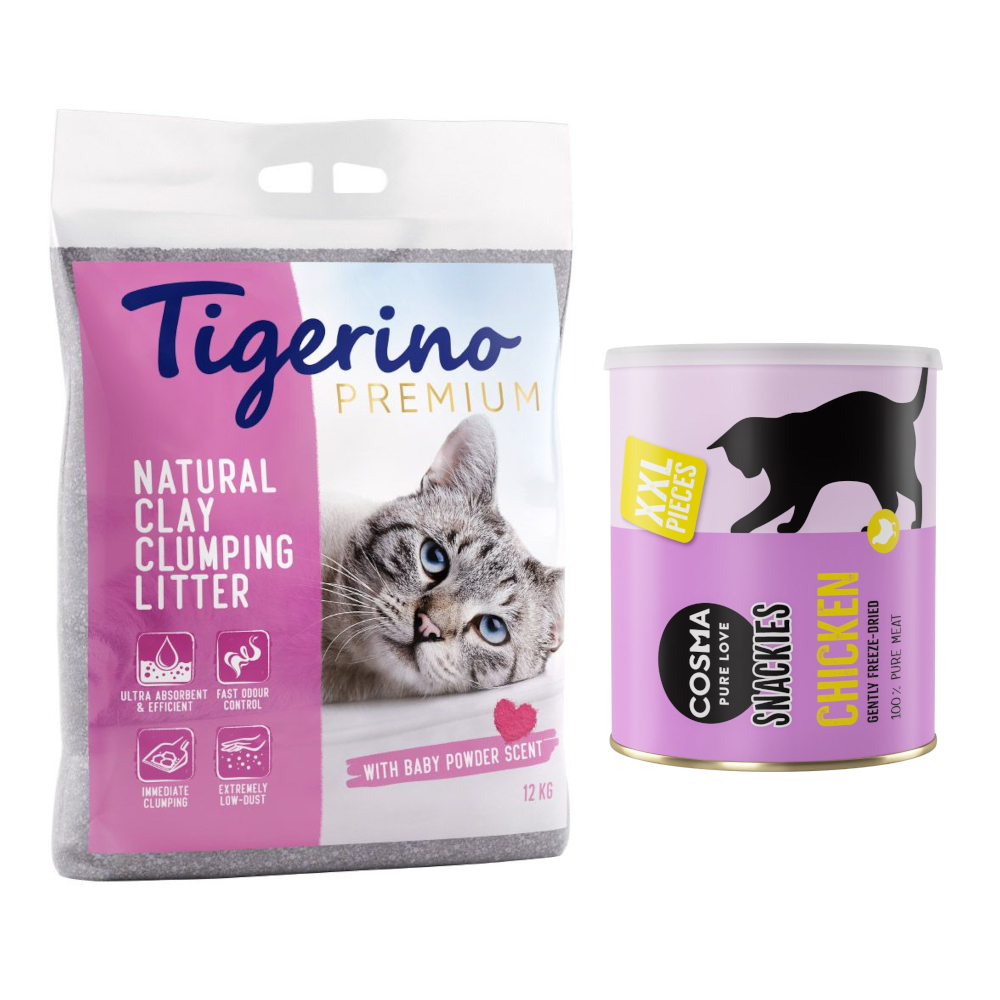 Kombi-Paket: Tigerino Premium Katzenstreu + Cosma Snackies Tube - 12 kg Babypuderduft + XXL Maxi Hühnchen (200 g) von Tigerino