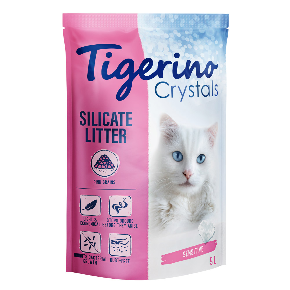 Tigerino Crystals buntes Katzenstreu - Fun / Sensitive (parfümfrei) - Sparpaket pink 3 x 5 l von Tigerino