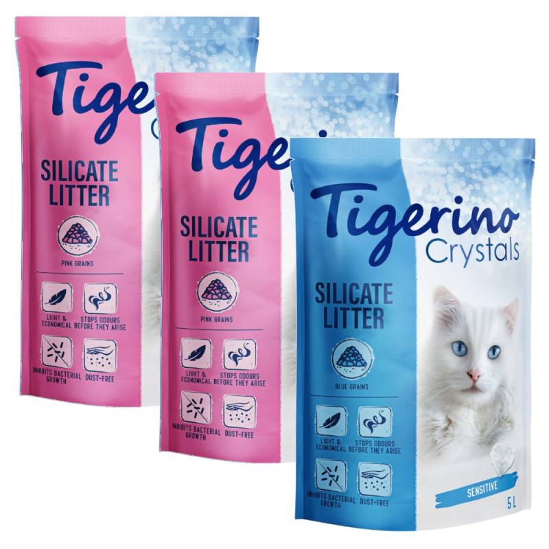 Tigerino Crystals Katzenstreu Probierpakete - 3 x 5 l (bunte Katzenstreu - Sensitive, parfümfrei 2x pink, 1x blau) von Tigerino
