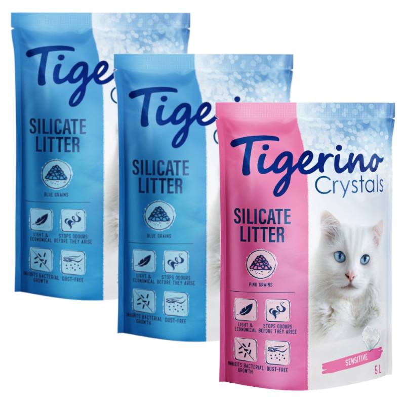 Tigerino Crystals Katzenstreu Probierpakete - 3 x 5 l bunte Katzenstreu - Sensitive, parfümfrei (2x blau, 1x pink) von Tigerino