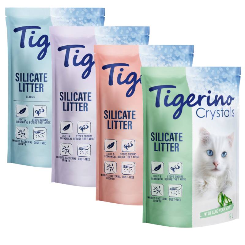 Tigerino Crystals Katzenstreu Probierpakete - 6 x 5 l (Classic Sensitive, Blütenduft, Lavendel, Aloe Vera) von Tigerino