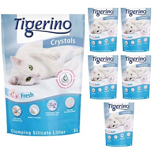 Tigerino Crystals Katzenstreu aus klumpendem Silicat, 30 l, Duft Babypuder, antibakteriell, Einweg- und hypoallergen, mit Geruchskontrolle, inkl. 4,5 cm Langer Katzenminze-Ball von Tigerino