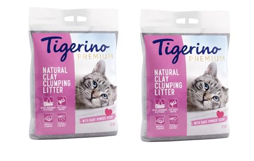 Tigerino Premium Katzenstreu, ergiebige Klumpstreu aus Naturton-Granulat: feinkörnig, schnelle und Starke Klumpenbildung, bindet Gerüche (2 Stück, Babypuder) von Tigerino