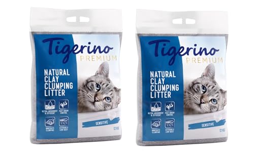 Tigerino Premium Katzenstreu, ergiebige Klumpstreu aus Naturton-Granulat: feinkörnig, schnelle und Starke Klumpenbildung, bindet Gerüche (2 Stück, Sensitive) von Tigerino