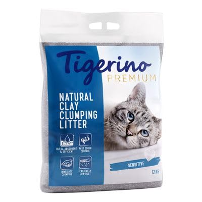 Tigerino Kanada Katzenstreu 12 kg Sensitive Premium Qualität Klumpstreu aus Kanada 100% natürlicher Ton 350% Saugfähigkeit staubfrei & sehr sparsam von Tigerino