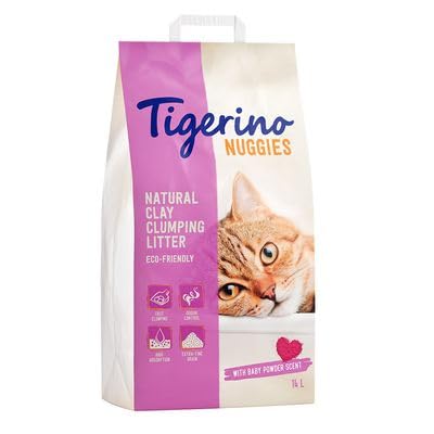Tigerino Nuggies Katzenstreu 14L Babypowder Duft grob körnig klumpend Katzenstreu aus 100% natürlichem Ton sehr hygienisch staubarm hochsaugfähig für langhaarige Katzen von Tigerino