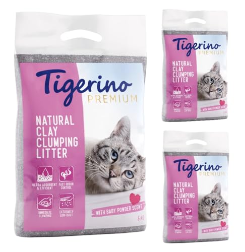 Tigerino Premium Katzenstreu, ergiebige Klumpstreu aus Naturton-Granulat: feinkörnig, schnelle und Starke Klumpenbildung, bindet Gerüche (3x6kg, Babypuder) von Tigerino