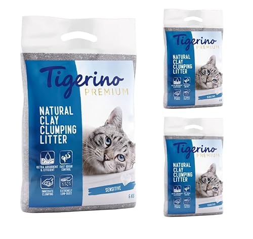 Tigerino Premium Katzenstreu, ergiebige Klumpstreu aus Naturton-Granulat: feinkörnig, schnelle und Starke Klumpenbildung, bindet Gerüche (3x6kg, Sensitive) von Tigerino