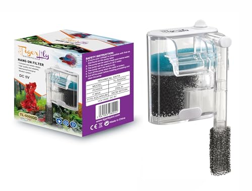 Tigerlily Enterprises Aquariumfilter, 2,5 W, Mini-Wasserfallfilter, zum Aufhängen, für kleine Nano-Aquarien, USB-betrieben mit 3-lagiger Filtration, 250 l/h von Tigerlily Enterprises