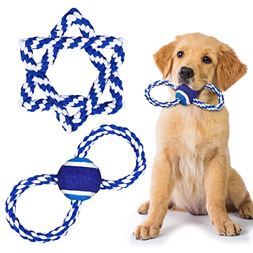 Tiibot 2 Stück Chanukkah-Hunde-Plüschspielzeug, interaktives Kauspielzeug, sechseckiges Baumwollseil und Tennis-Kordelzug, Spielzeug für kleine, mittelgroße Hunde von Tiibot