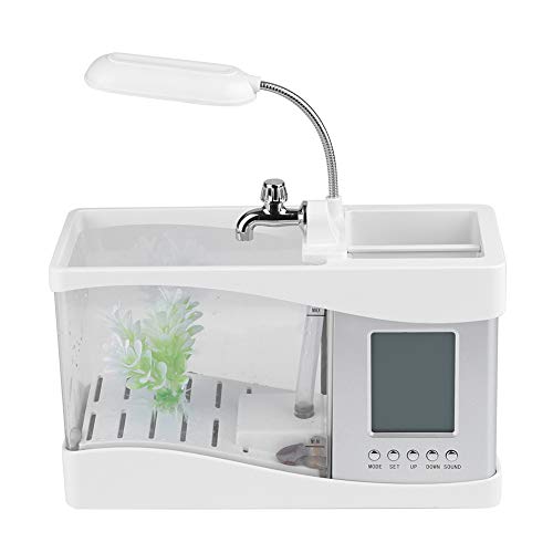 Mini-Aquarium, USB-wiederaufladbarer Betta-Aquarium-Kit, elektronisches Desktop-Aquarium mit Uhrfunktion, LCD-Desktop-Lampe, Stifthalter(Weiß) von Tiiyee