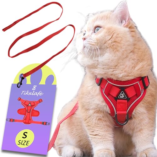 Tikxlafe Katzengeschirr mit Leine, 150 cm, Katzenleine mit Geschirr, Polyester, verstellbares Katzenleinen-Set, ausbruchsicher für Kätzchen (Rot, S) von Tikxlafe